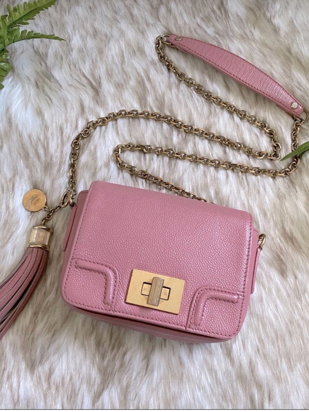 MCM Pink Pebbled Leather Crossbody with Gold Chain
